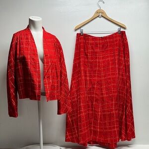 Bottega Veneta Suit Set Blazer Jacket Matching Maxi Skirt Cotton Red Plaid US 12